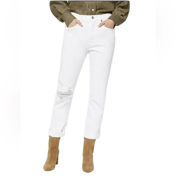 FRAME Denim Le beau Straight Slim Hi-Waisted Boyfriend Jeans White Neutr…