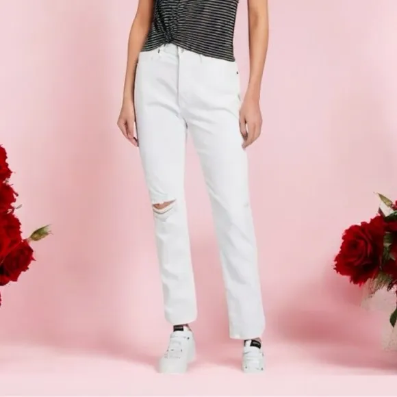 FRAME Denim Le beau Straight Slim Hi-Waisted Boyfriend Jeans White Neutr…