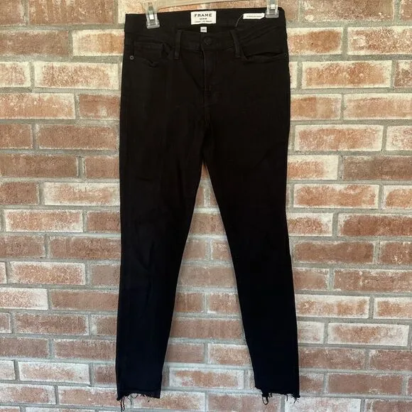 FRAME Le Skinny de Jeanne Raw Stagger Hem Jeans Black Size 27