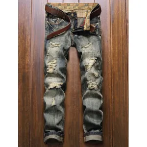 Frayed Zipper Fly Five-Pocket Straight Leg Ripped Jeans