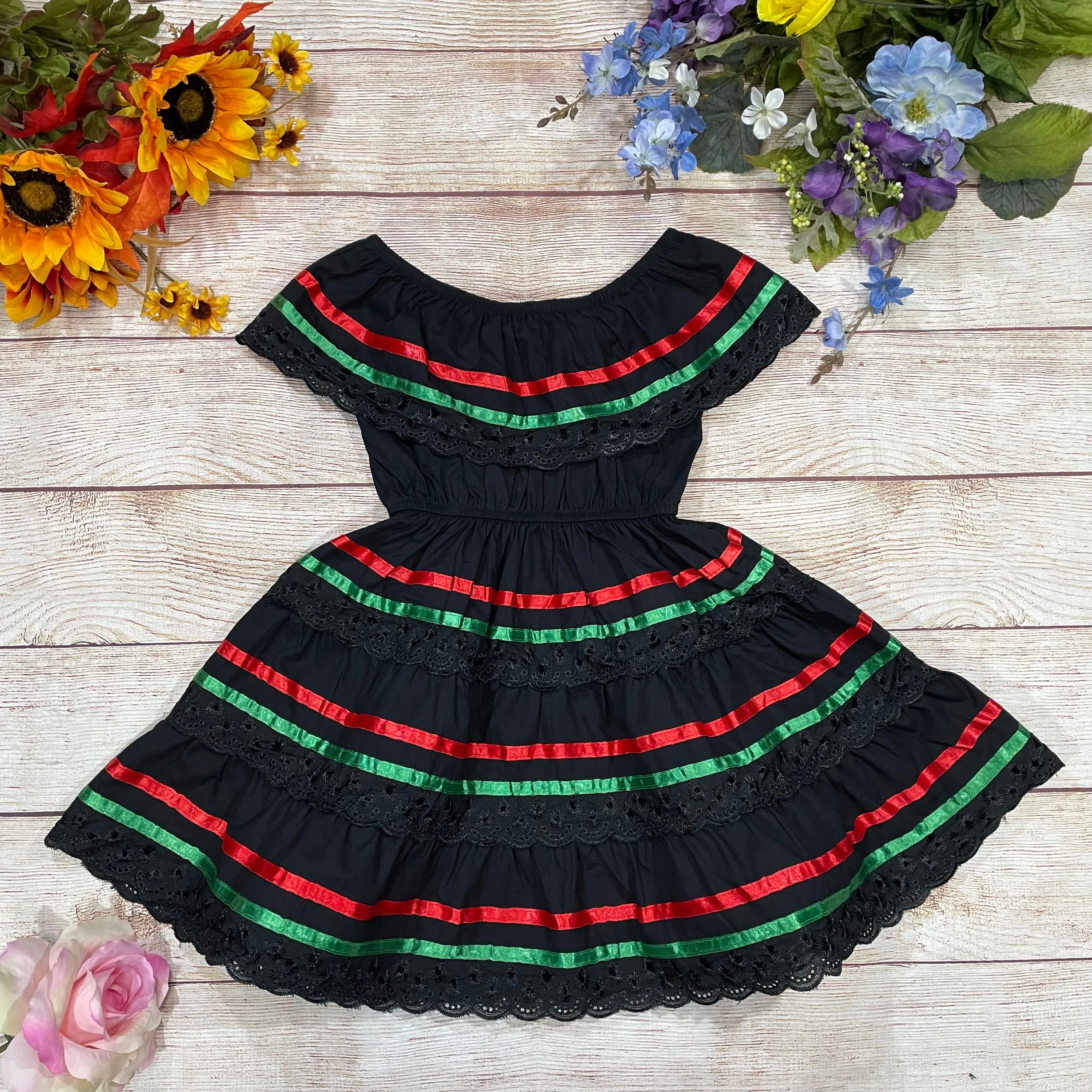 Girl's Black Traditional Mexican Cinco De Mayo Fiesta Dress 2-14