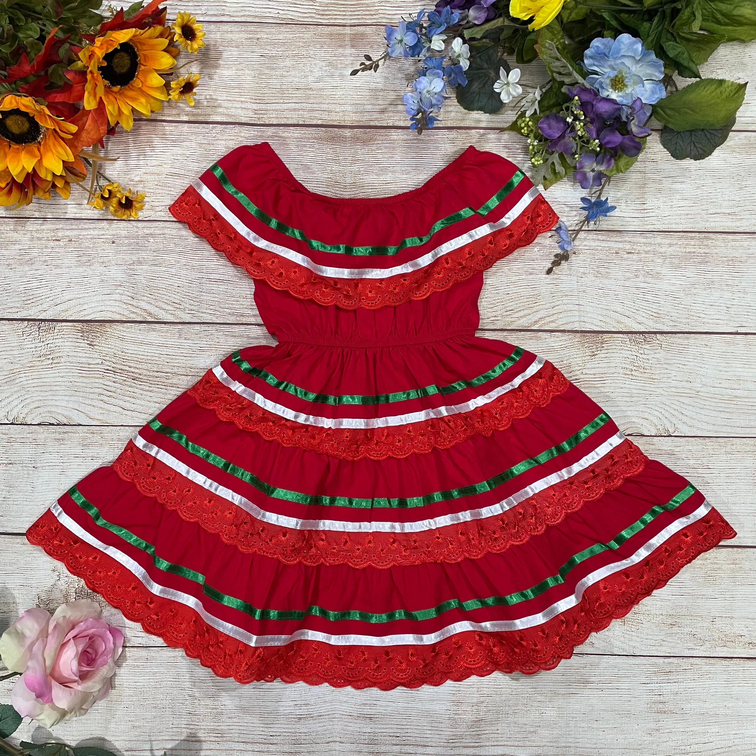 Girl's Red X Traditional Mexican Cinco De Mayo Fiesta Dress 2-14