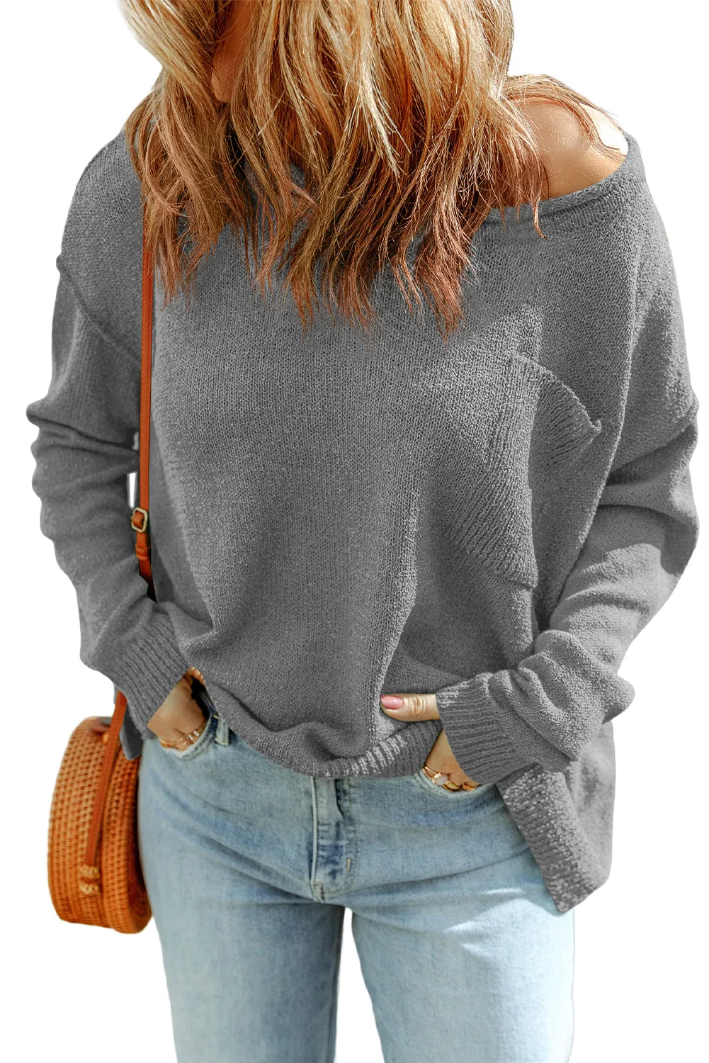 Gray Green Solid Color Off Shoulder Rib Knit Sweater with Pocket