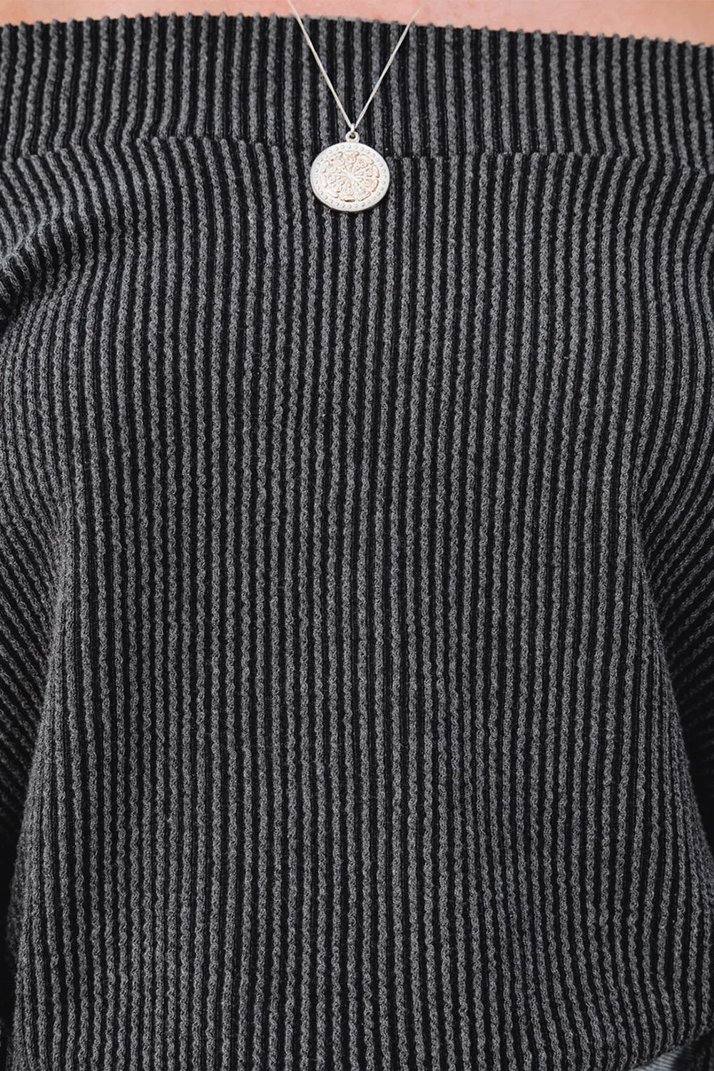 Gray Ribbed Knit Off-Shoulder Balloon Sleeve Top