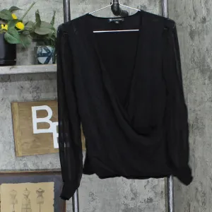 INC International Concepts Womens Mixed Media Stretch Long Sleeve Blouse Black S