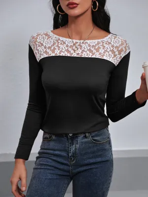Ivy Lane Lace Trim Long Sleeve Round Neck Tee