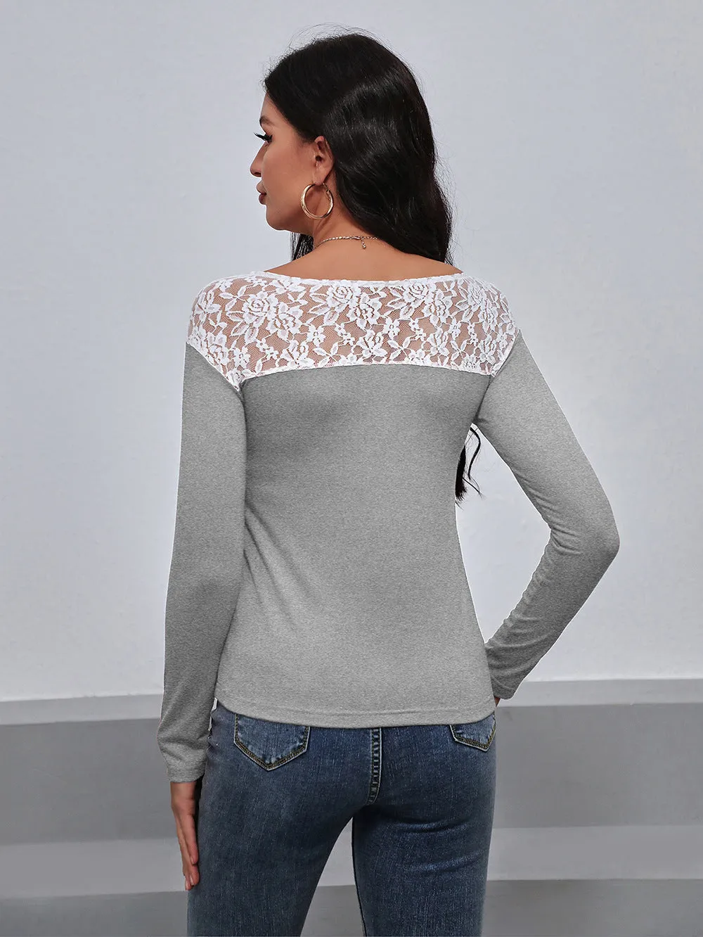 Ivy Lane Lace Trim Long Sleeve Round Neck Tee