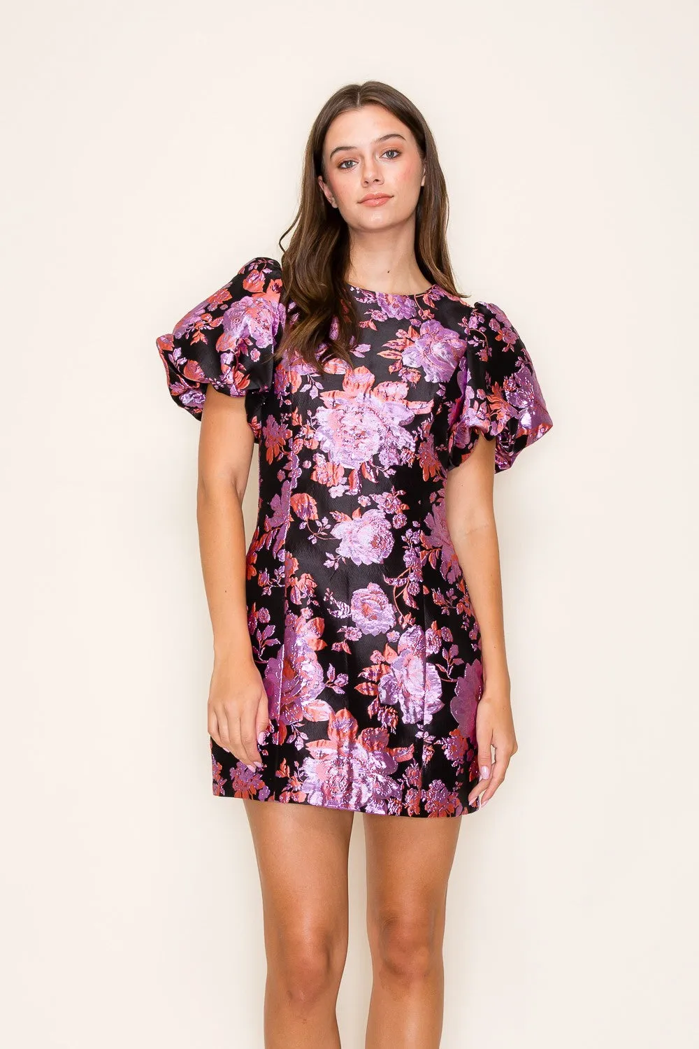 JACQUARD PUFF SLEEVE MINI DRESS