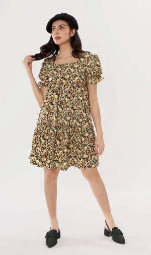 JADE Tiered Puff-Sleeve Dress (Black)