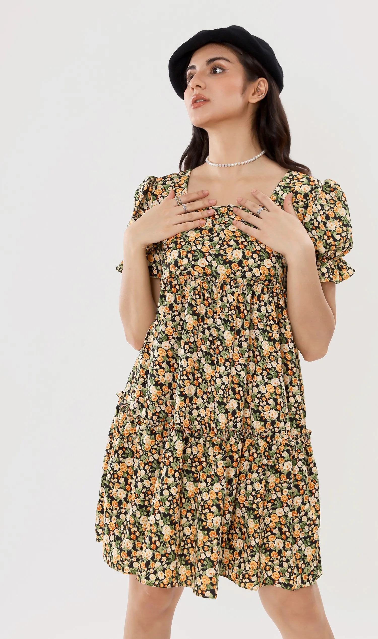 JADE Tiered Puff-Sleeve Dress (Black)