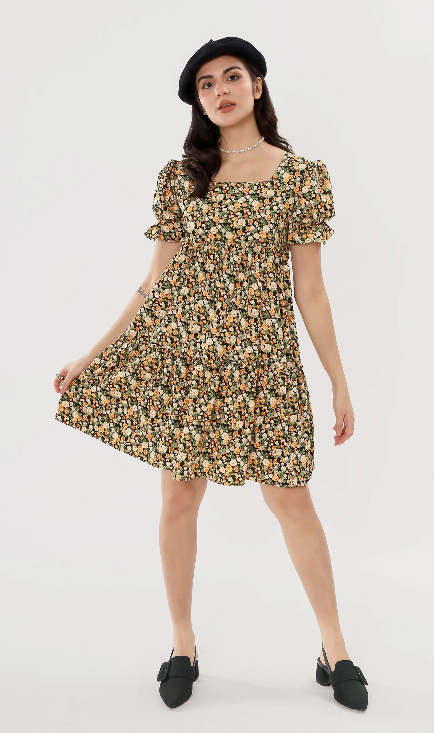 JADE Tiered Puff-Sleeve Dress (Black)