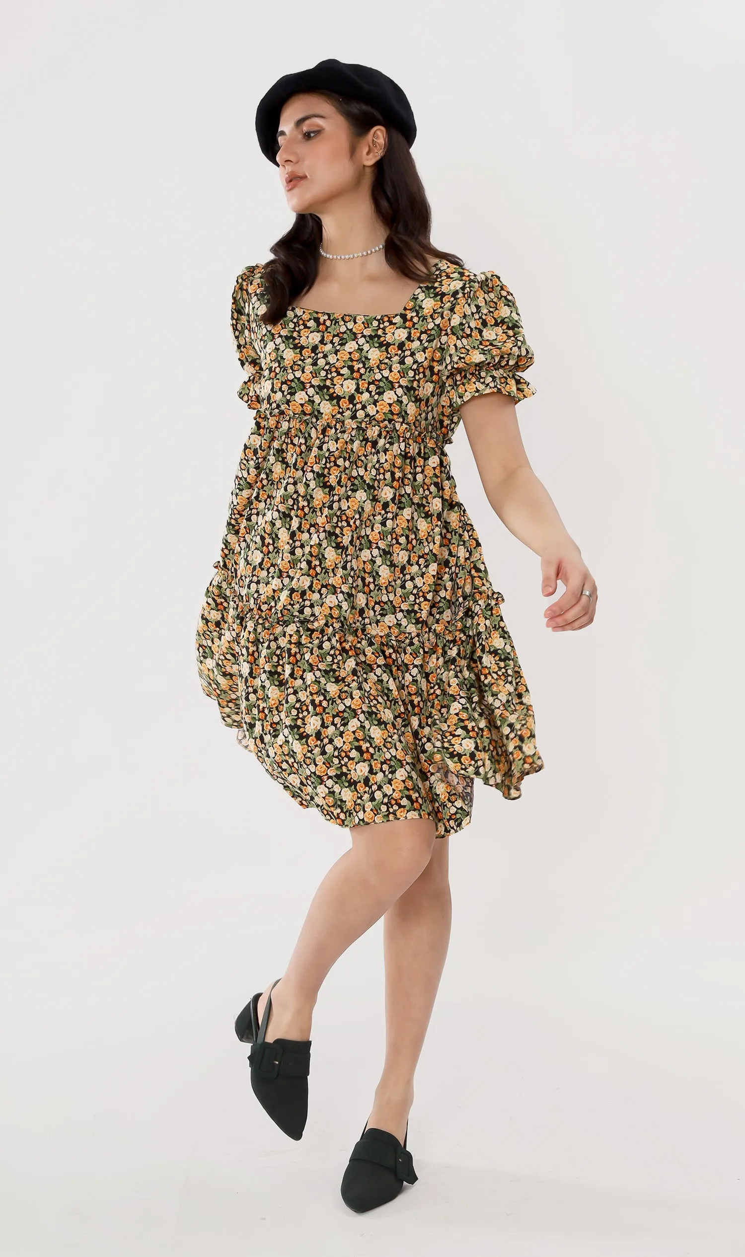 JADE Tiered Puff-Sleeve Dress (Black)