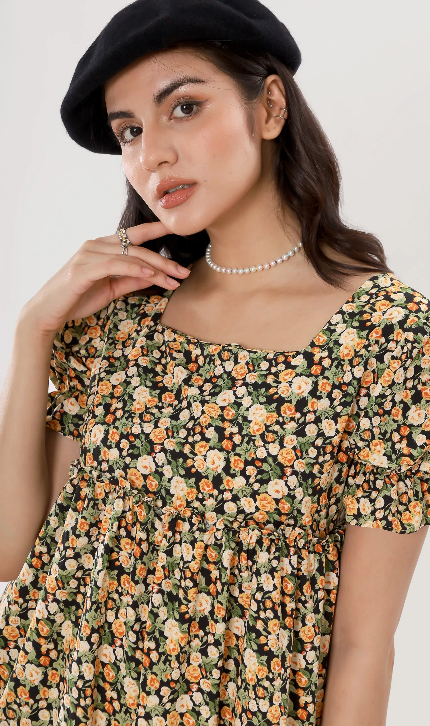 JADE Tiered Puff-Sleeve Dress (Black)