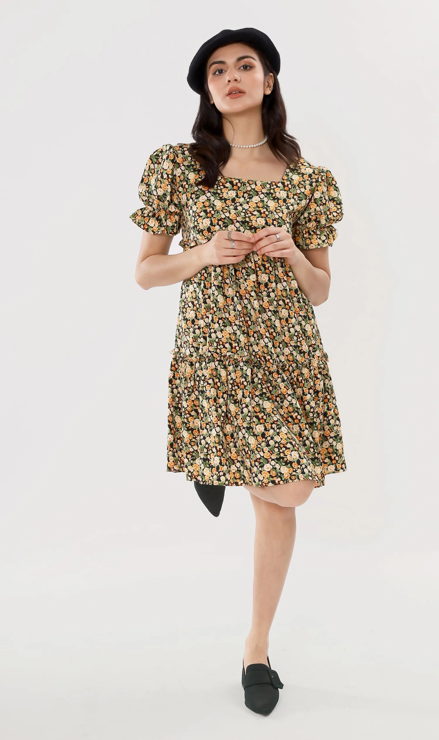 JADE Tiered Puff-Sleeve Dress (Black)