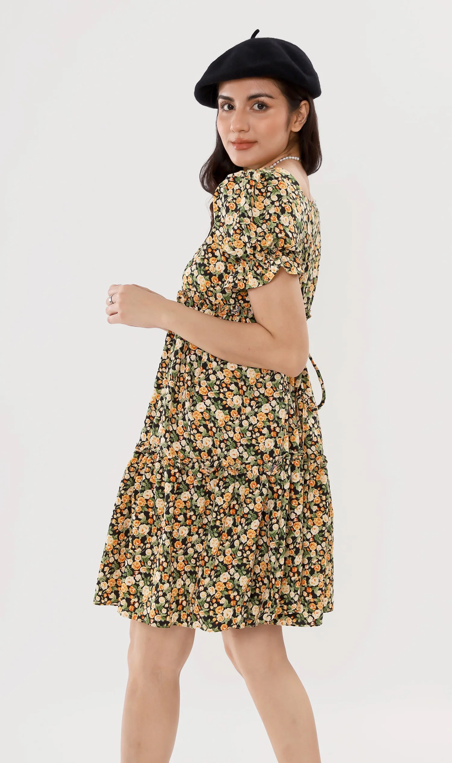 JADE Tiered Puff-Sleeve Dress (Black)