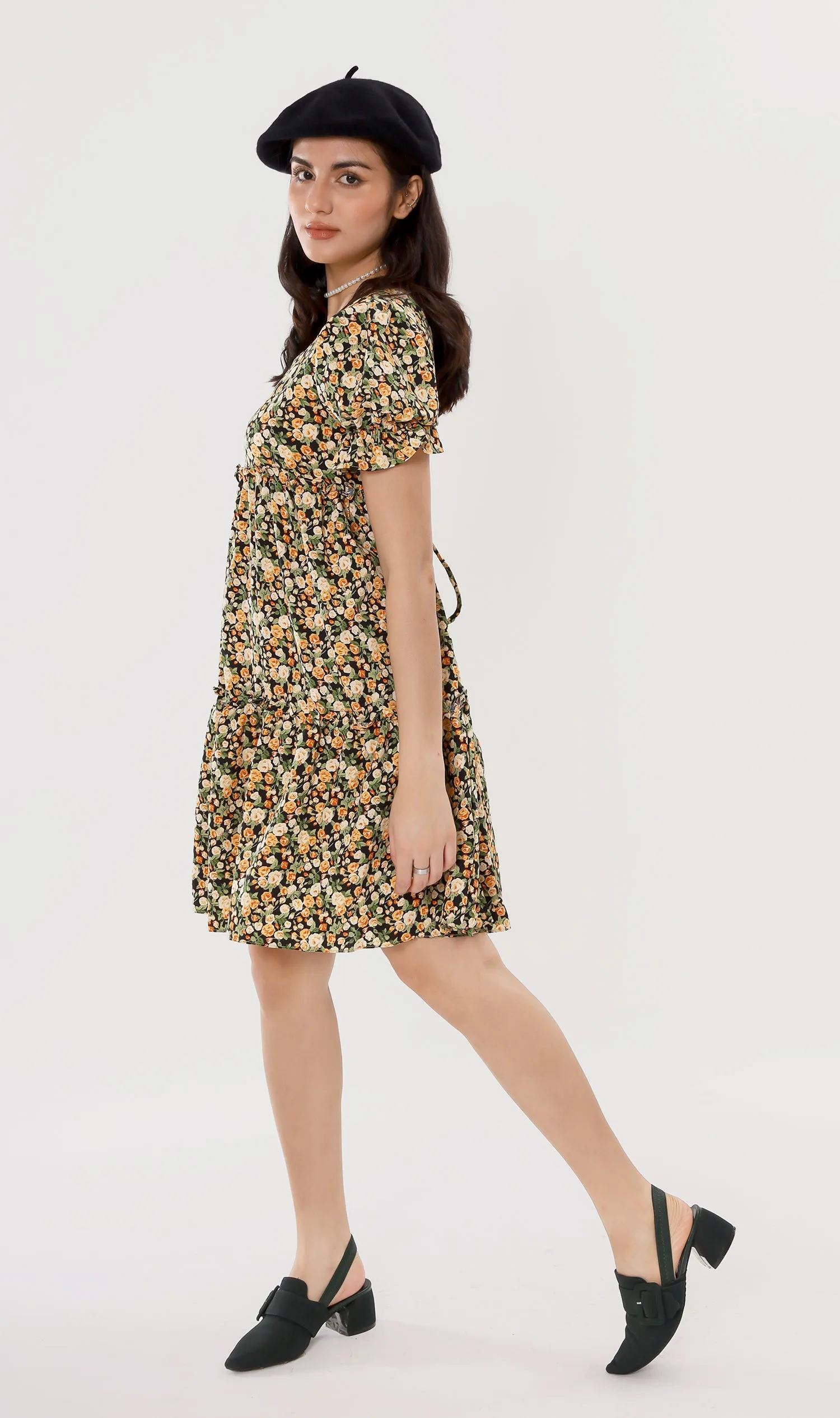 JADE Tiered Puff-Sleeve Dress (Black)