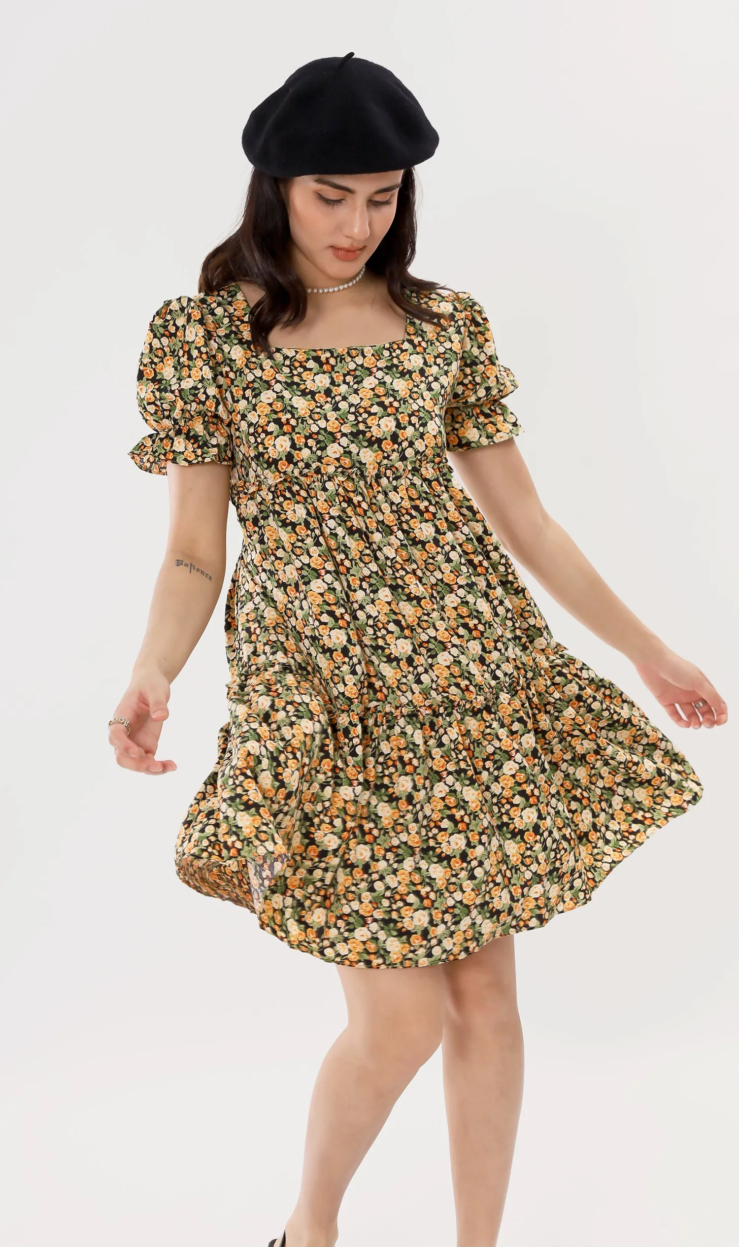 JADE Tiered Puff-Sleeve Dress (Black)