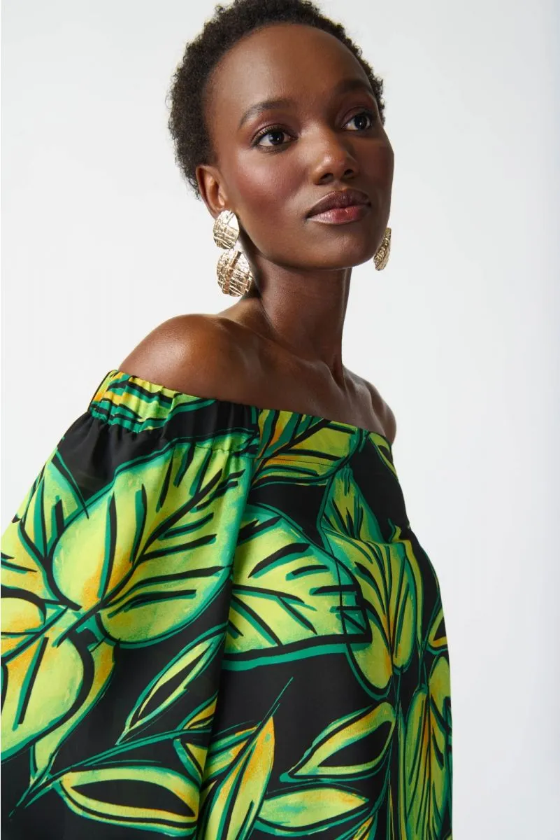Joseph Ribkoff Black/Multi Tropical Leaf Print Off-Shoulder Puff Sleeve Top 241277