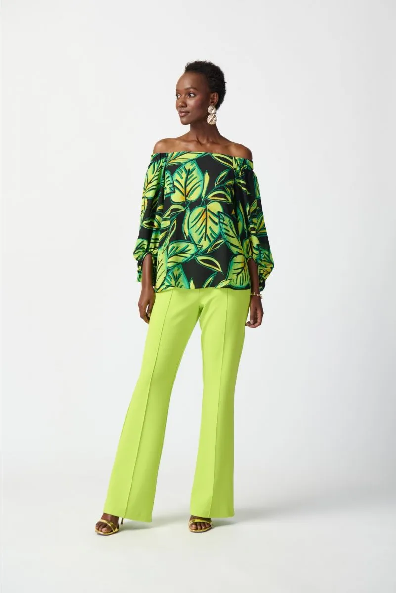 Joseph Ribkoff Black/Multi Tropical Leaf Print Off-Shoulder Puff Sleeve Top 241277