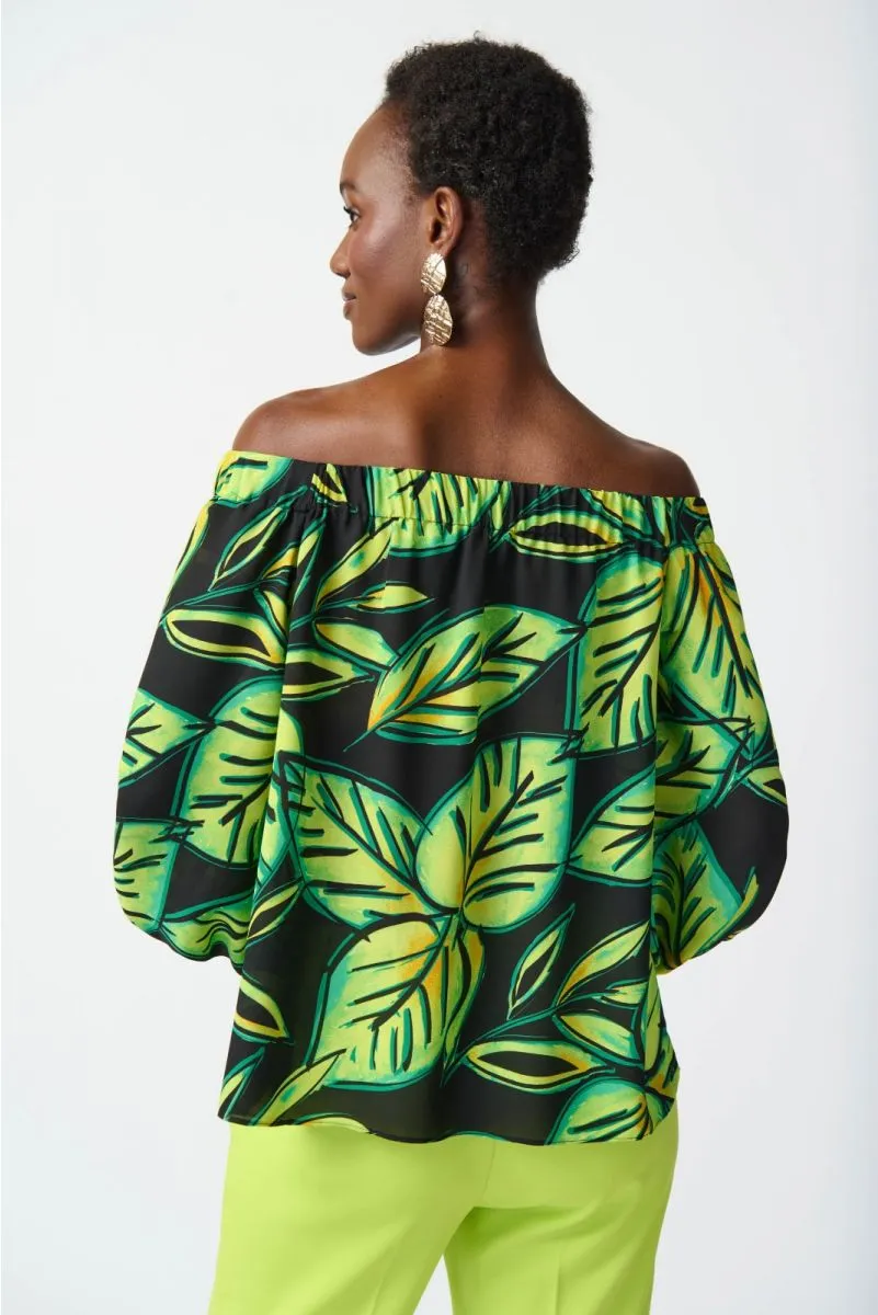 Joseph Ribkoff Black/Multi Tropical Leaf Print Off-Shoulder Puff Sleeve Top 241277