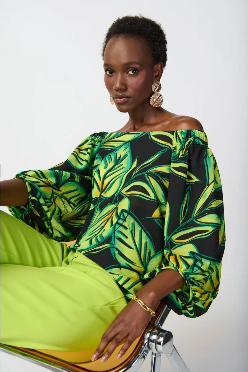 Joseph Ribkoff Black/Multi Tropical Leaf Print Off-Shoulder Puff Sleeve Top 241277