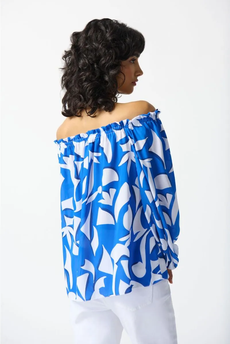 Joseph Ribkoff Blue/Vanilla Abstract Print Off-Shoulder 3/4 Sleeve Top 242028