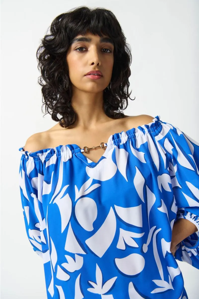Joseph Ribkoff Blue/Vanilla Abstract Print Off-Shoulder 3/4 Sleeve Top 242028