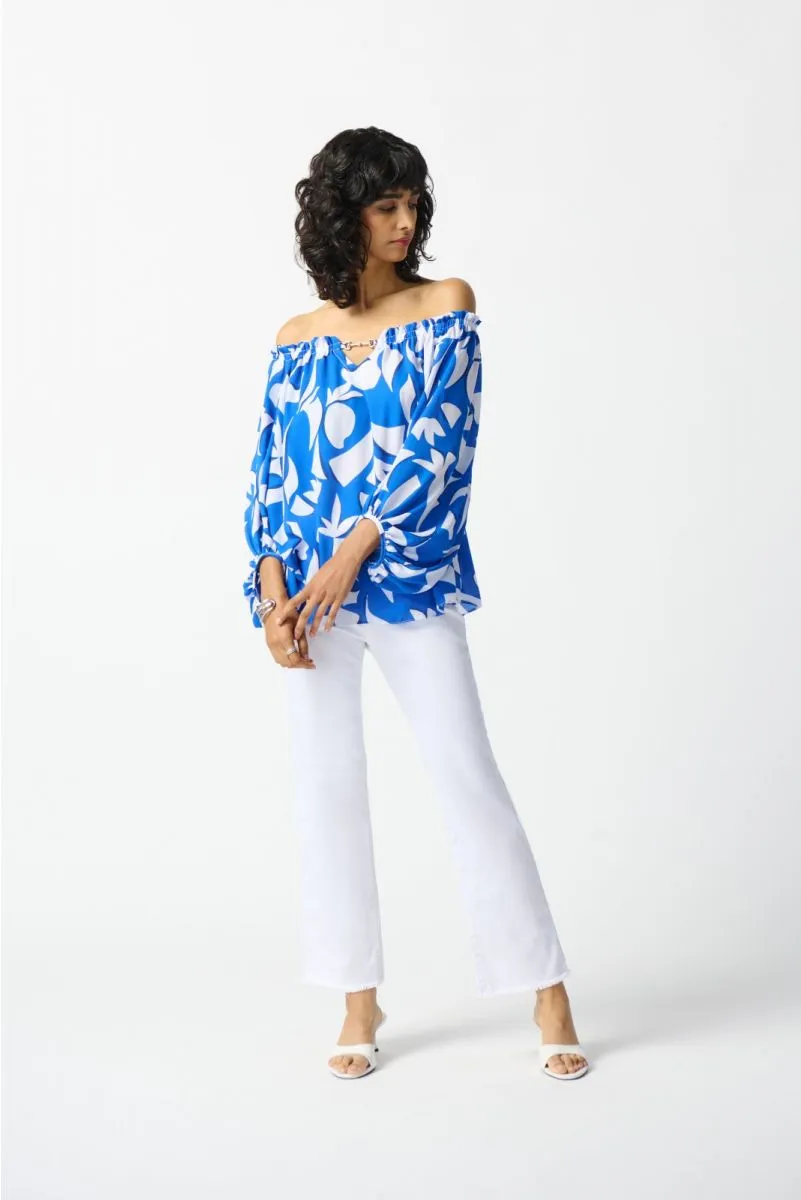 Joseph Ribkoff Blue/Vanilla Abstract Print Off-Shoulder 3/4 Sleeve Top 242028