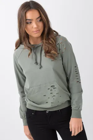 Khaki Distressed Hoodie - Kiera