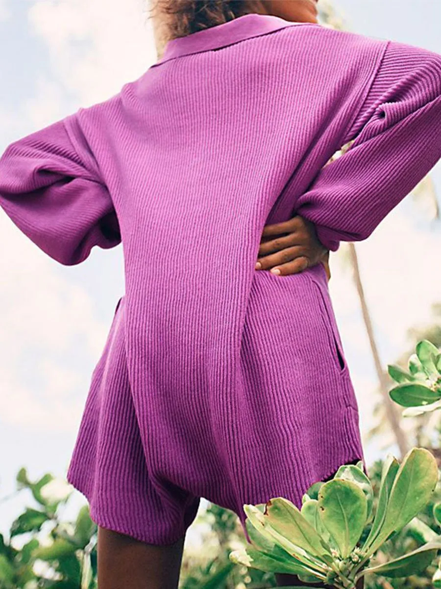 Knit Lapel Solid Color Slip Pocket Jumpsuit