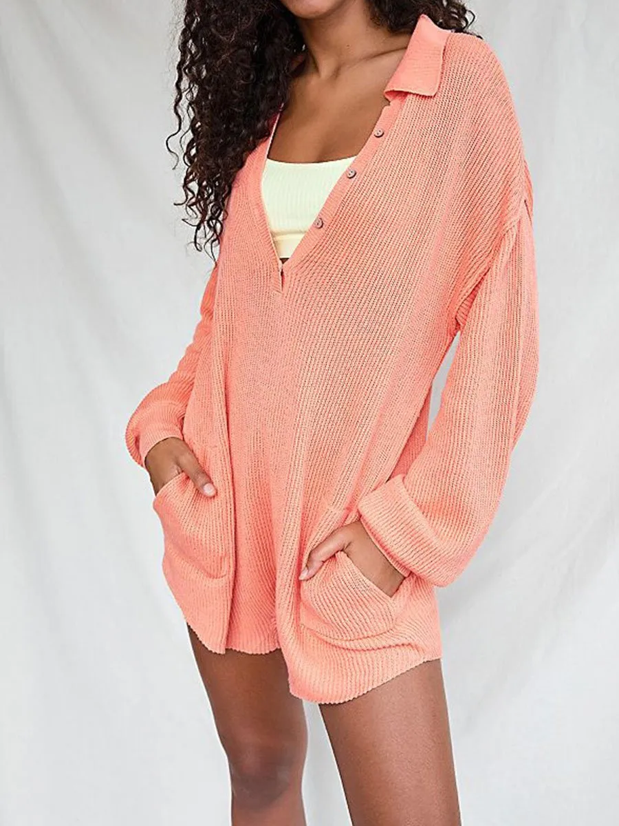 Knit Lapel Solid Color Slip Pocket Jumpsuit