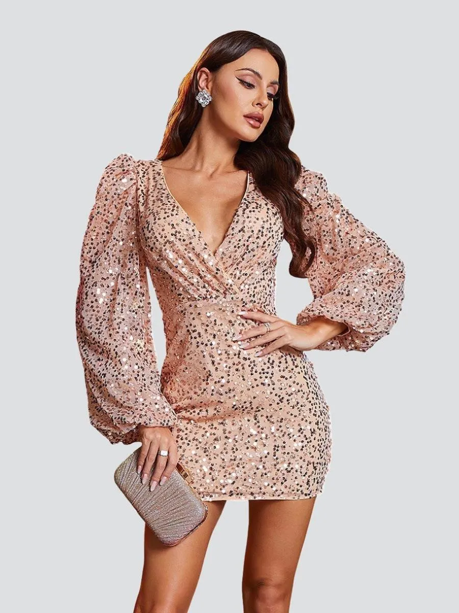 Lantern Sleeve V-neck Sequin Cocktail Dress RJ10566