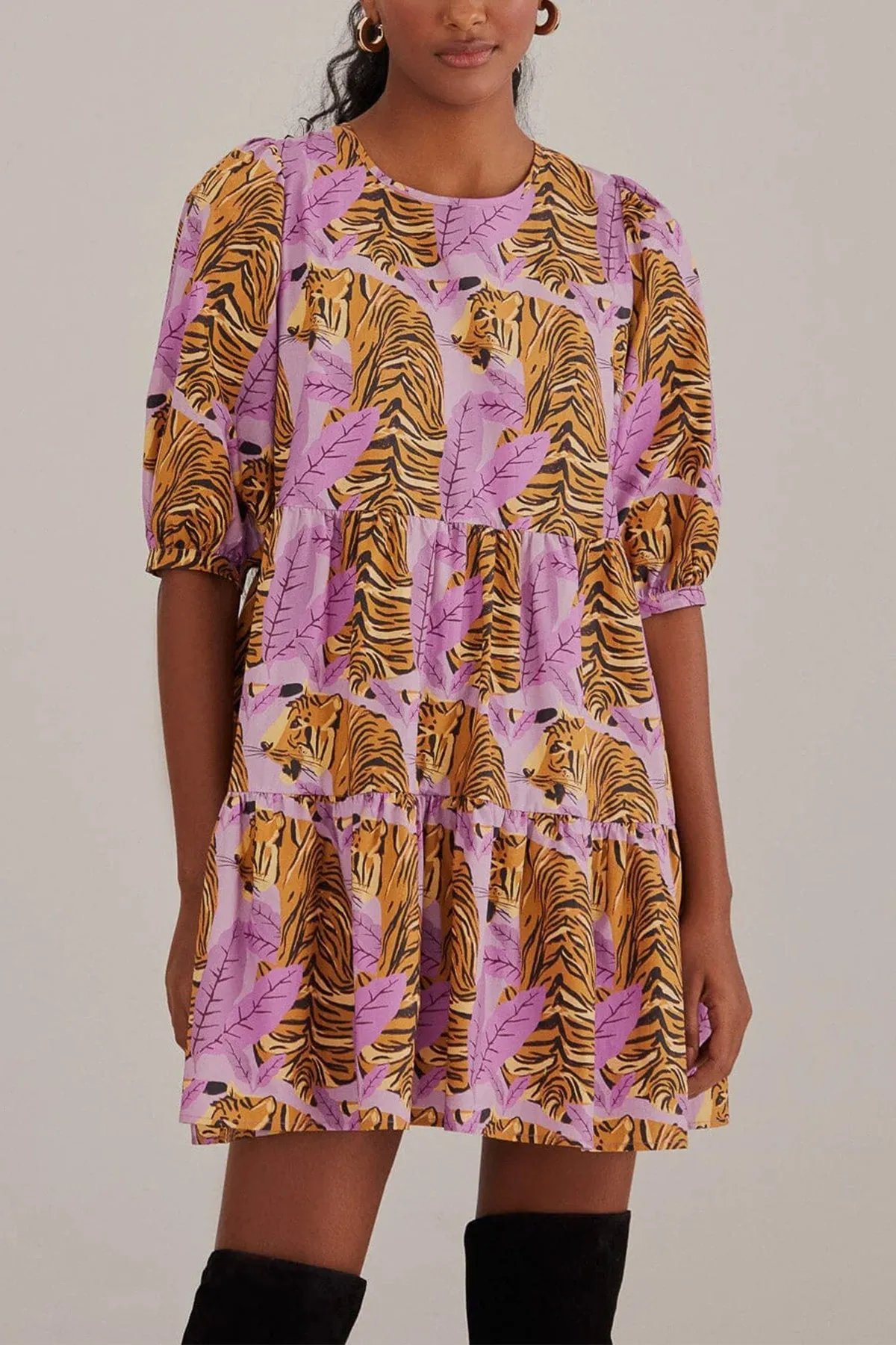 Lavender Tiger Leaves Puff Sleeve Mini Dress