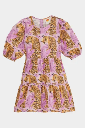 Lavender Tiger Leaves Puff Sleeve Mini Dress