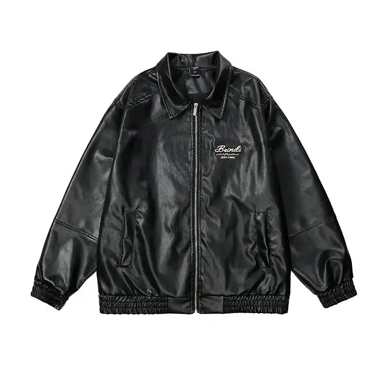 Letter Embroidered PU Leather Jacket