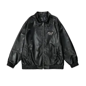 Letter Embroidered PU Leather Jacket