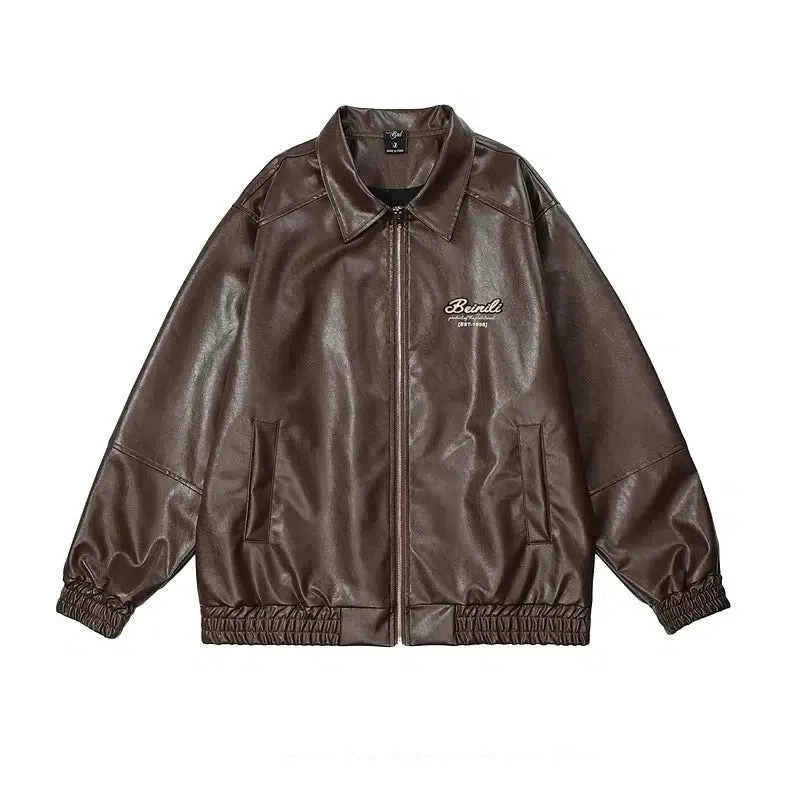 Letter Embroidered PU Leather Jacket