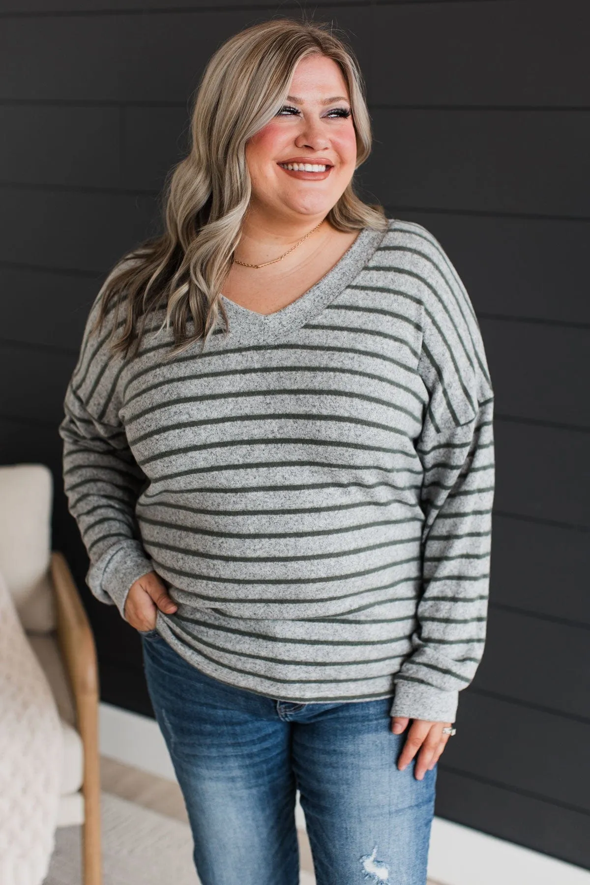 Look Within Striped Knit Top- Heather Grey & Olive