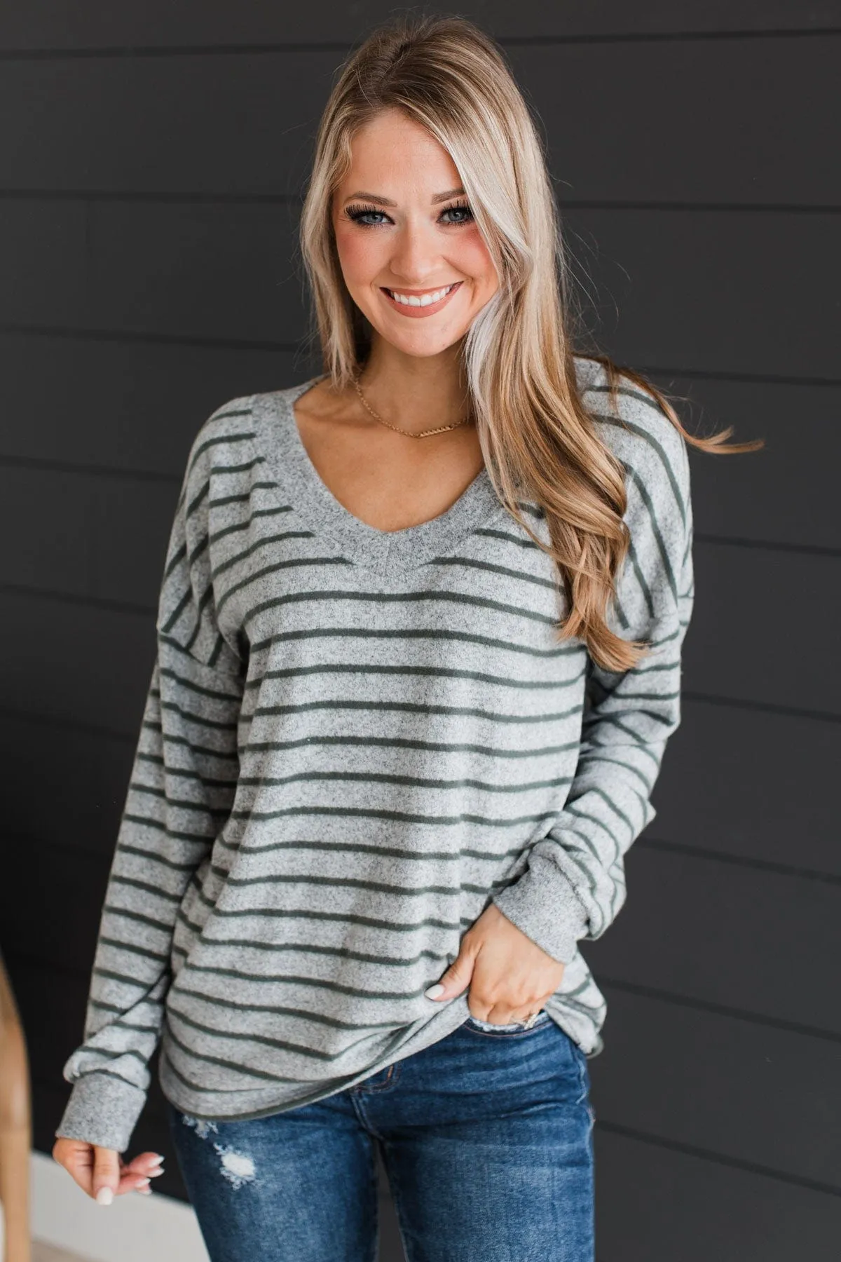 Look Within Striped Knit Top- Heather Grey & Olive