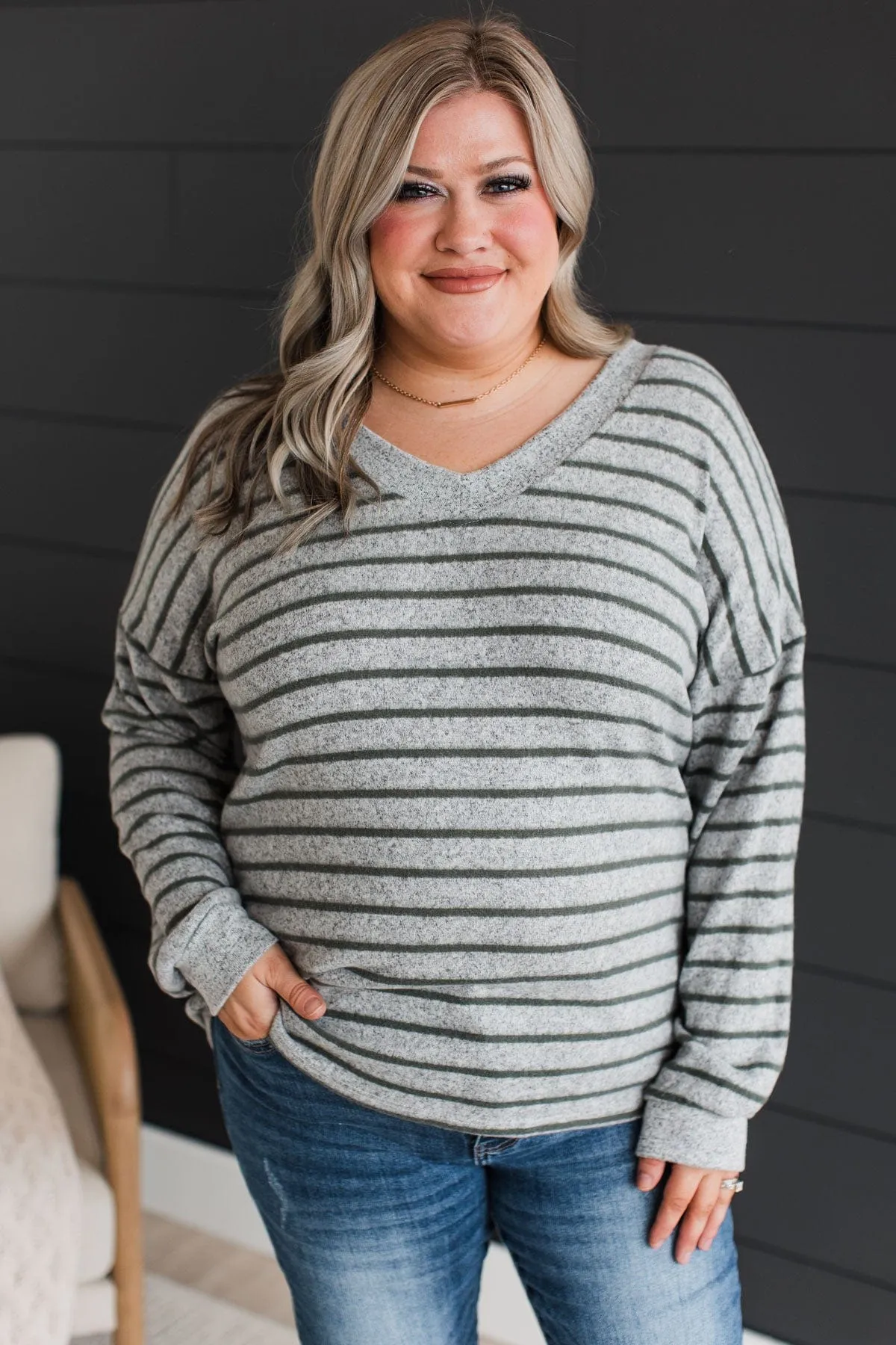 Look Within Striped Knit Top- Heather Grey & Olive