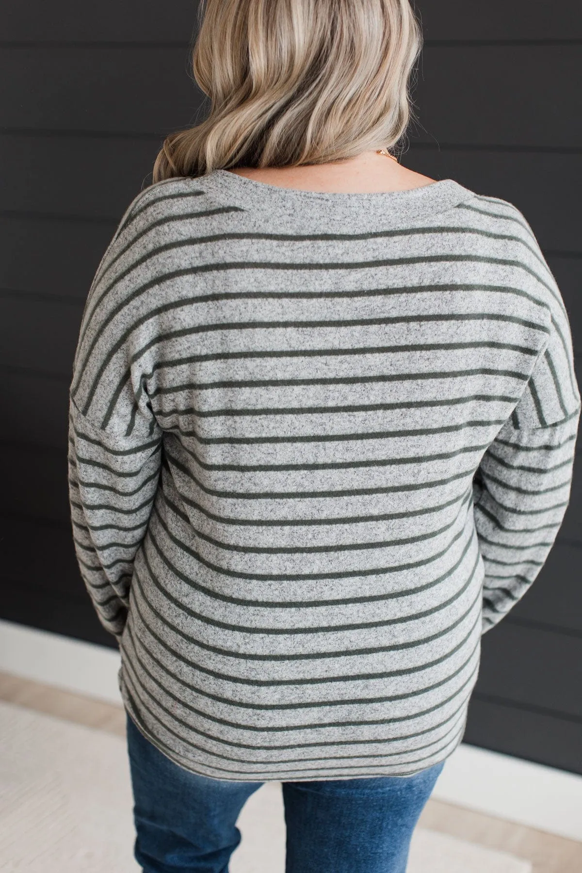 Look Within Striped Knit Top- Heather Grey & Olive
