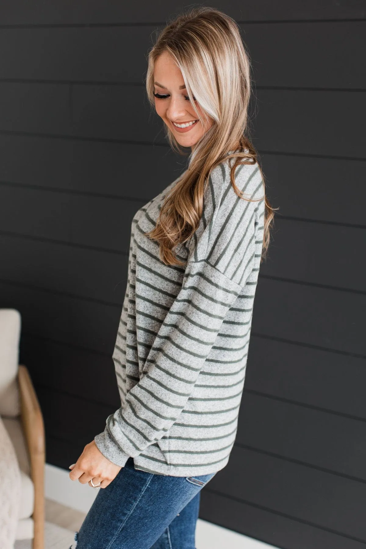 Look Within Striped Knit Top- Heather Grey & Olive