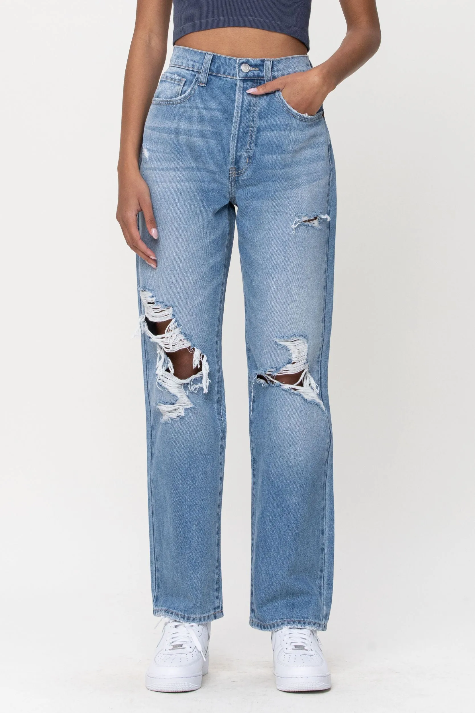 MELISSA HIGH RISE DISTRESSED DAD JEANS