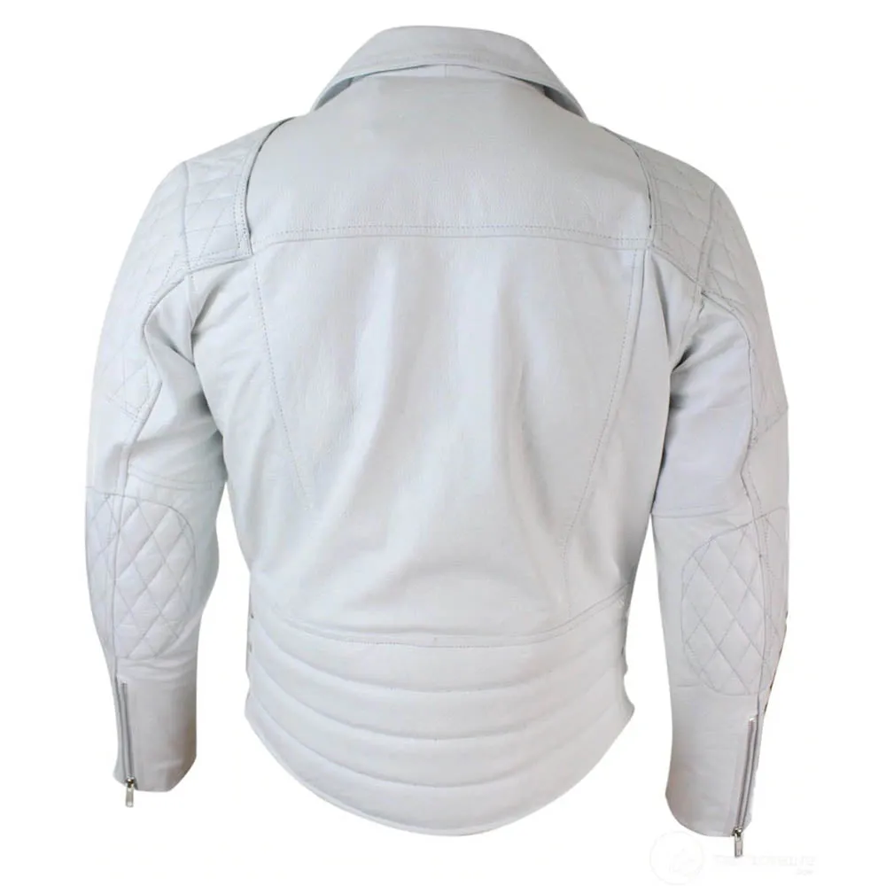 Mens Biker Jacket White Genuine Leather Cafe Racer Retro Motorcycle Coat