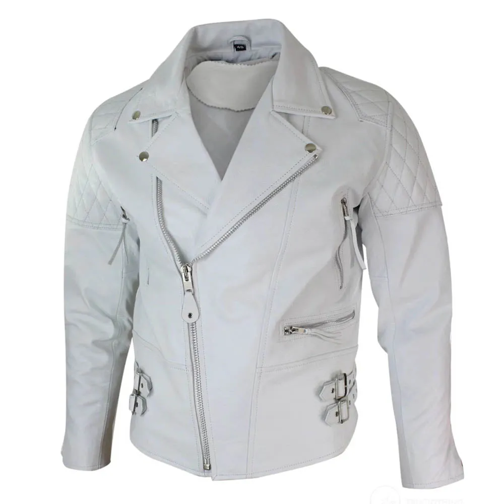 Mens Biker Jacket White Genuine Leather Cafe Racer Retro Motorcycle Coat