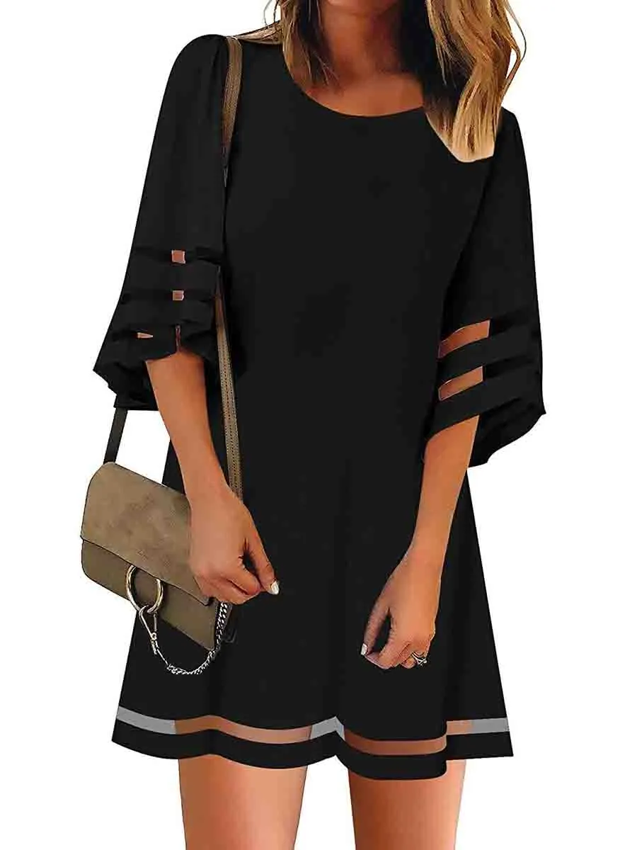 Mesh Stitching Half Sleeve Mini Dress (3 Colors)