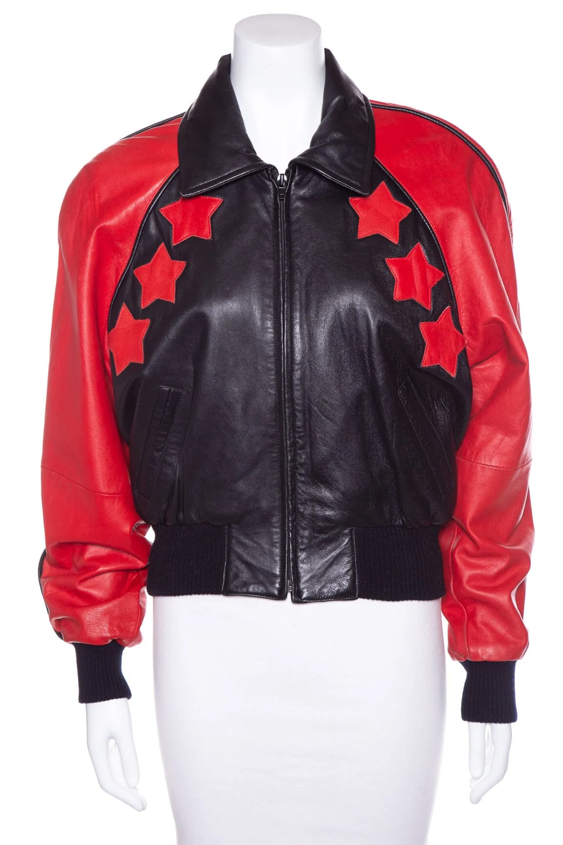 Michael Hoban Vintage Red and Black Leather Star Bomber Jacket SZ 7/8