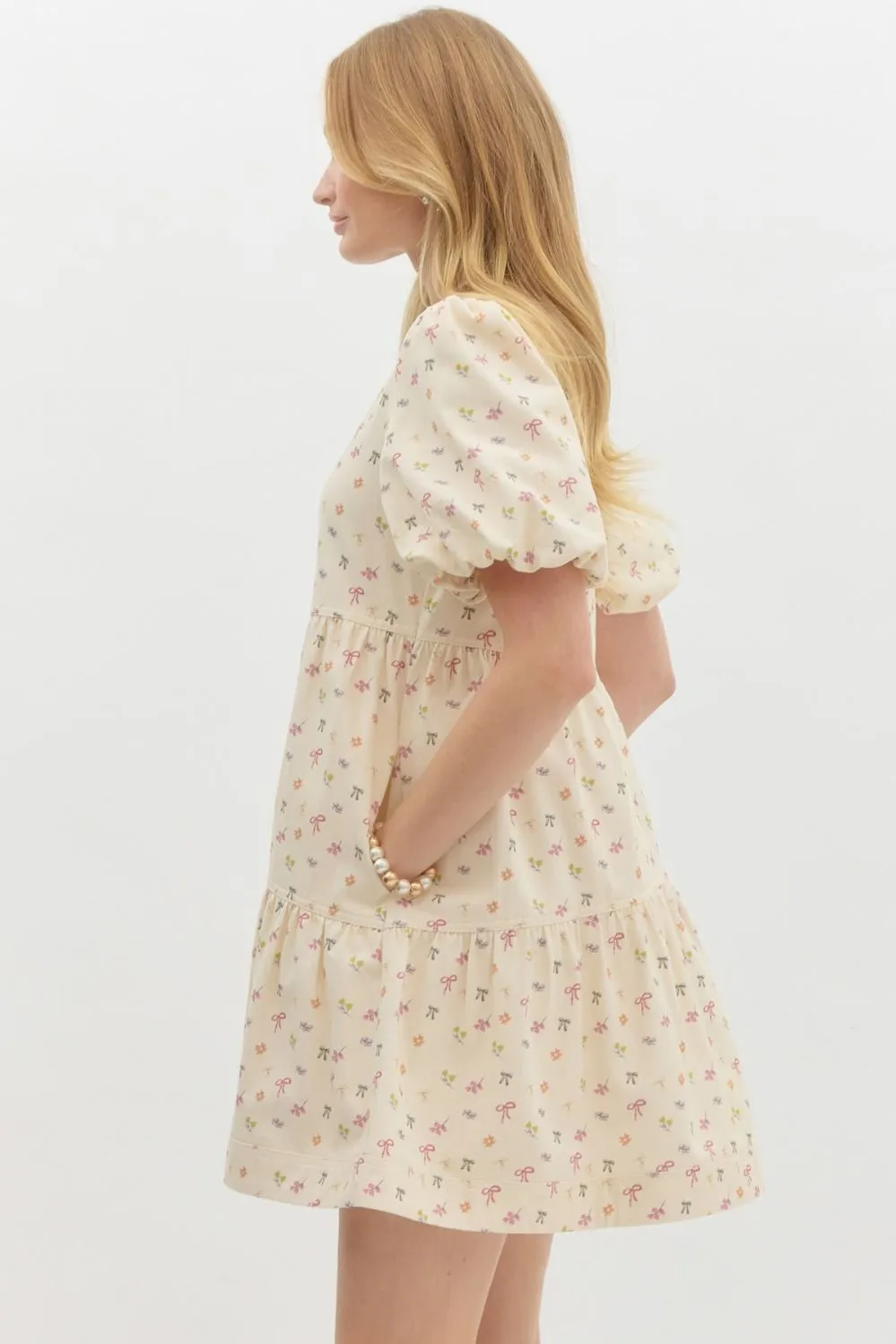 Mini bow print short bubble sleeve mini