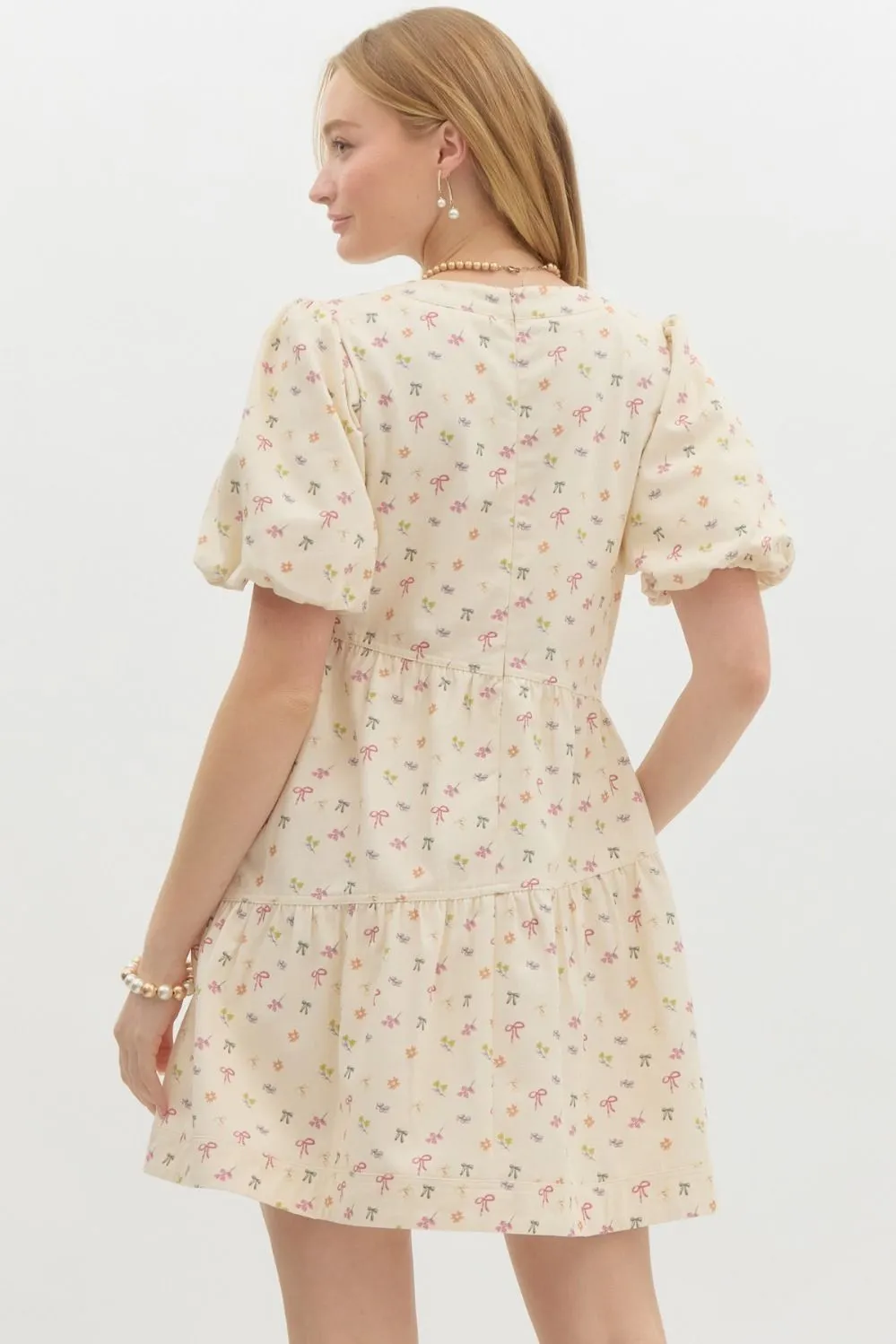Mini bow print short bubble sleeve mini