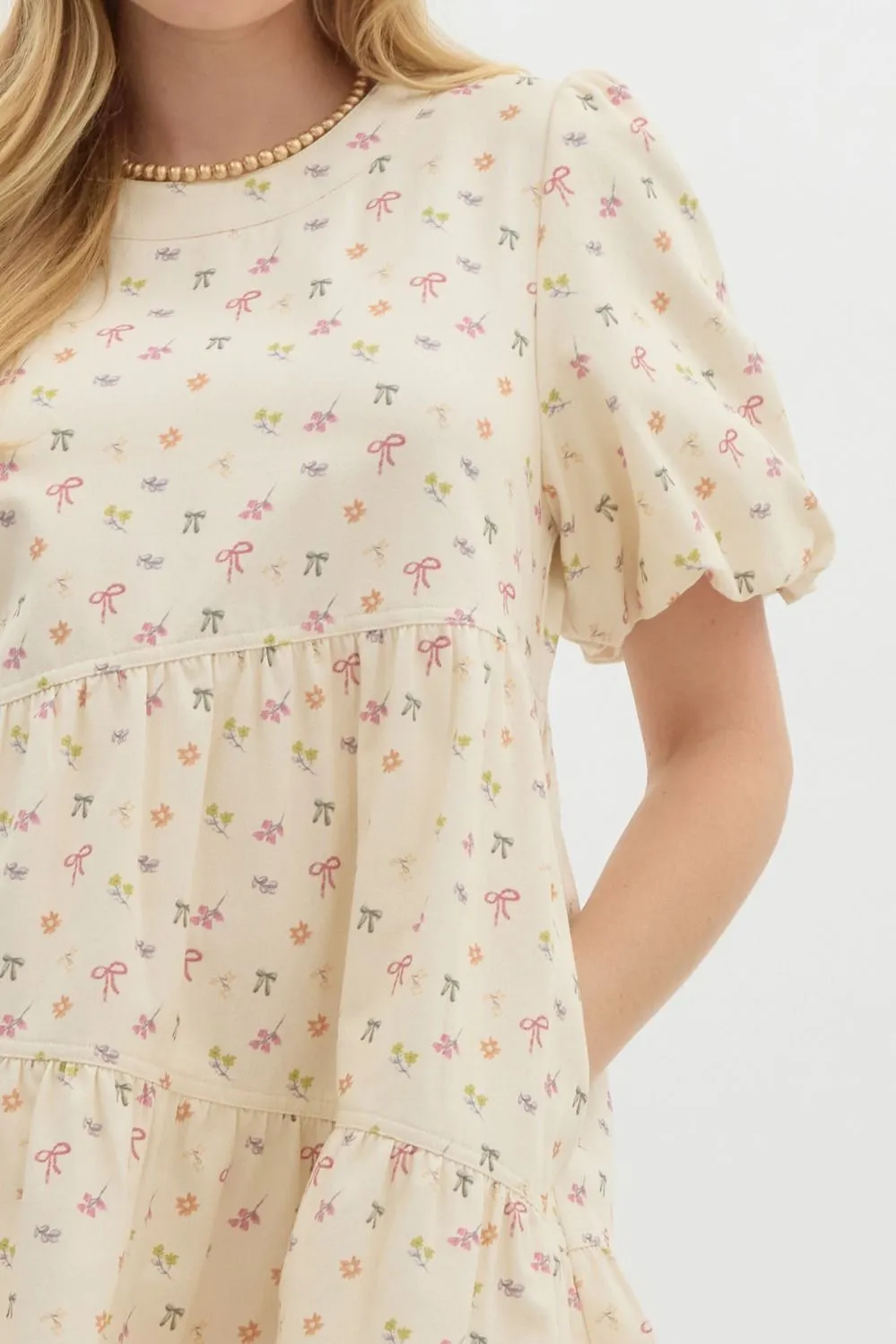Mini bow print short bubble sleeve mini